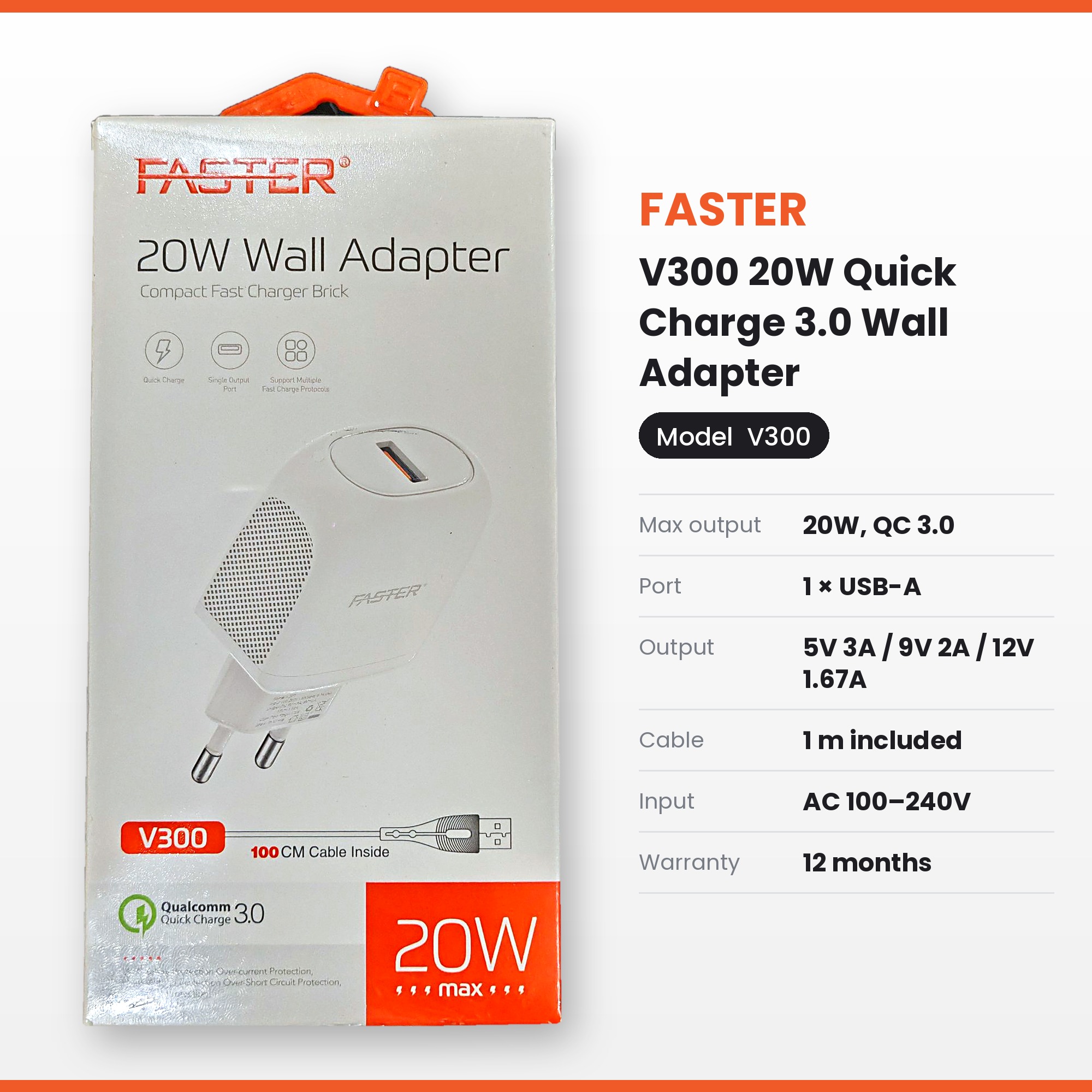 FASTER V300 20W Quick Charge 3.0 Wall Adapter with Cable