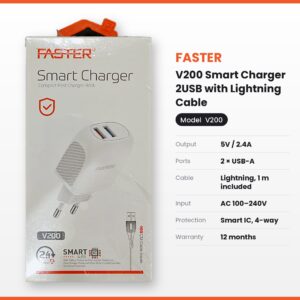 FASTER V200 Smart Charger 2USB 2.4A with Cable