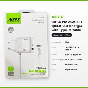 AIROX CH-37 Pro 25W PD + QC3.0 Fast Charger with Type-C Cable