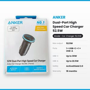Anker 323 Dual-Port Car Charger 52.5W (USB-C + USB-A)