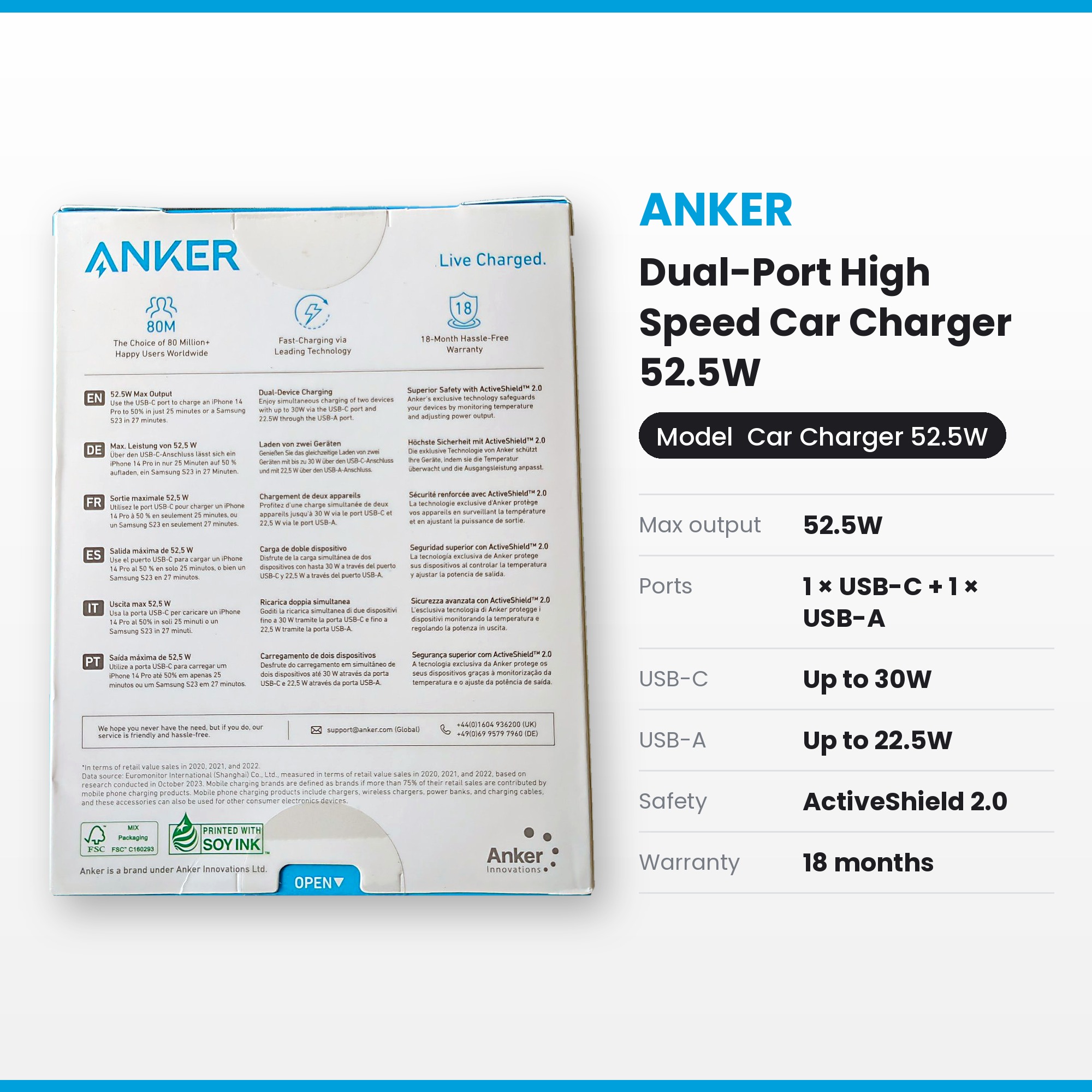Anker 323 Dual-Port Car Charger 52.5W (USB-C + USB-A) - Image 2